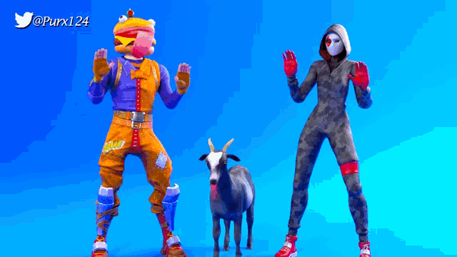 a goat is standing between a man and a woman with the twitter username purx124 above them