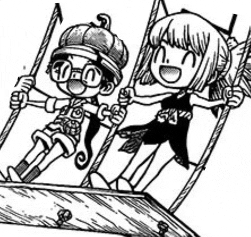 a black and white drawing of a boy and a girl sitting on a swing .