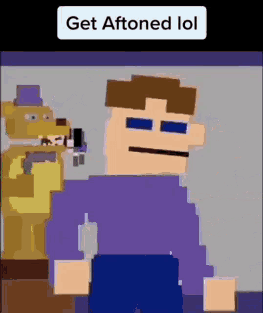a pixel art of a man and a teddy bear with the words get aftoned lol on the bottom .