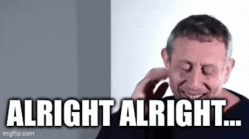a man is laughing while talking on a cell phone and the words `` alright alright ... '' are written above him .