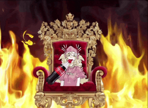 a girl is sitting in a chair with a bottle of coca cola in her hand