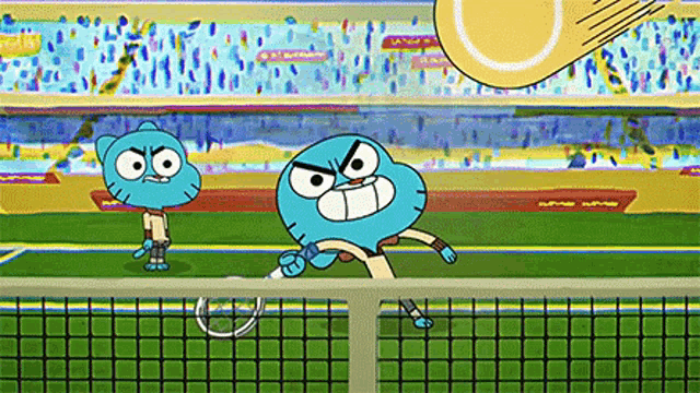 gumball and darwin are playing tennis in a cartoon .