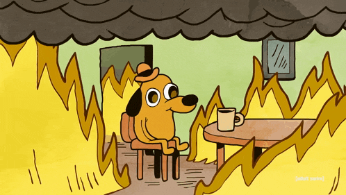 a cartoon of a dog sitting at a table with a cup of coffee in front of a fire