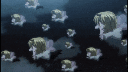 a bunch of angels are flying in the sky