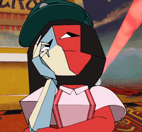 a cartoon drawing of a woman wearing a green hat and a white top