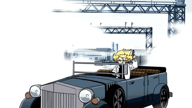 a cartoon of a man driving a car with a gun in his hand