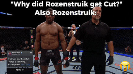 a picture of two men in a boxing ring with the caption " why did rozensruik get cut also rozensruik "