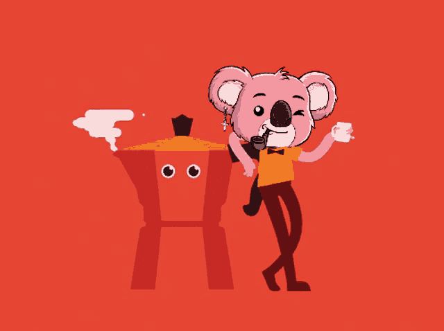 a cartoon of a pink koala smoking a pipe and holding a cup