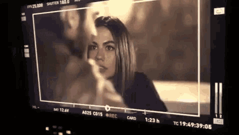 a black and white photo of a woman and a man on a camera screen