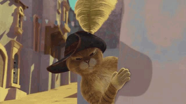 a cat wearing a hat with a feather on top of it