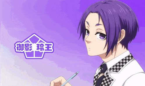 a man with purple hair is holding a pen in front of a purple background