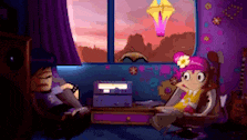 a couple of cartoon characters are sitting in a room with a sunset in the background .