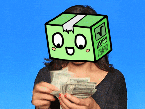 a woman with a box on her head is holding a bunch of money