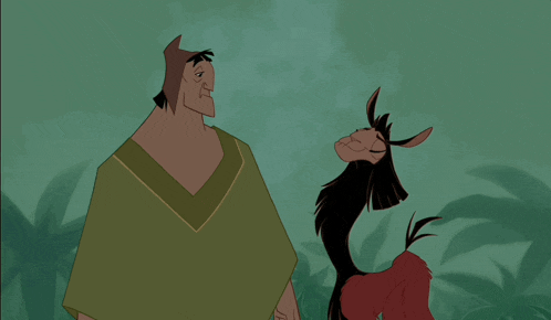 a cartoon of a man and a llama looking at each other