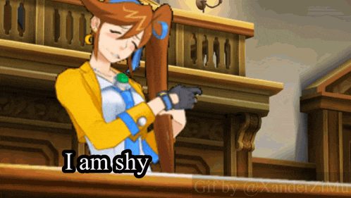 a video game character says " i am shy " in a courtroom