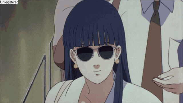 a woman wearing sunglasses has the word unregistered at the bottom
