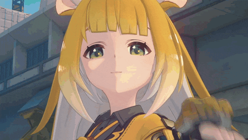 a girl with yellow hair and green eyes is standing in front of a building