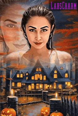 a painting of a woman standing in front of a haunted house with candles and pumpkins and the words labscharm above her