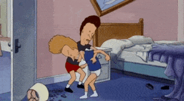 a cartoon of a man and two children fighting in a bedroom .