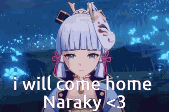 a girl with a mask on her head says i will come home naraky < 3