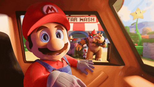 a cartoon of mario in a car with a sign that says tar wash in the background