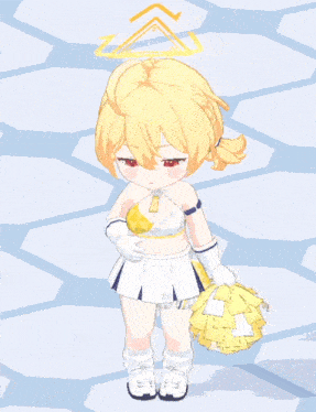 a cheerleader with a halo on her head is holding a yellow pom pom