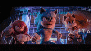 a group of cartoon characters standing next to each other in front of a building .