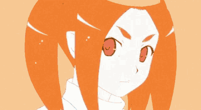 a drawing of a girl with brown hair and pink eyes on a pink background