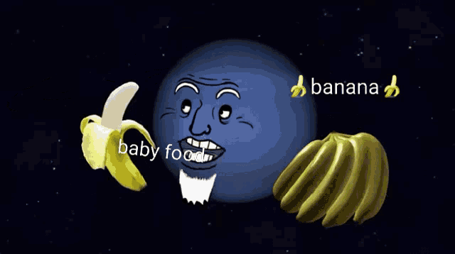 a cartoon drawing of planets with faces on them including baby food and banana