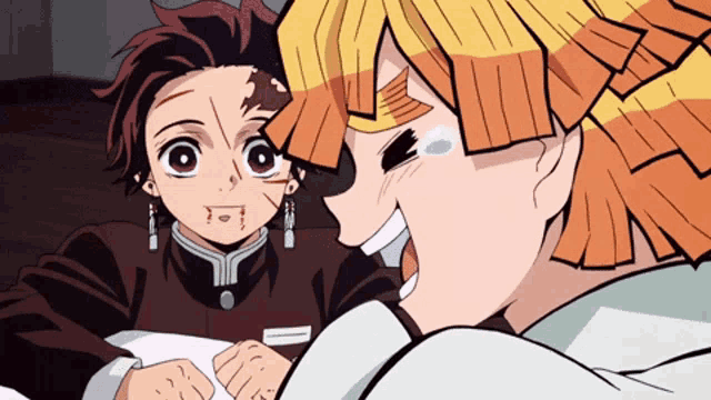 two anime characters are looking at each other and one has a scar on his face