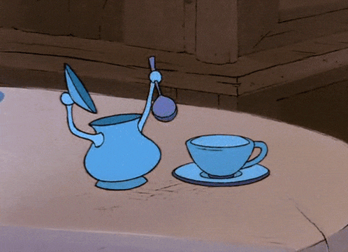 a cartoon drawing of a pitcher and a cup with sugar being poured into them