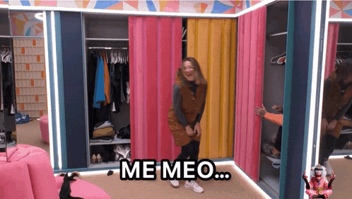 a woman standing in a closet with the words me meo on the bottom