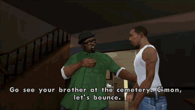 two men in a video game are talking and one of them says " go see your brother at the cemetery "