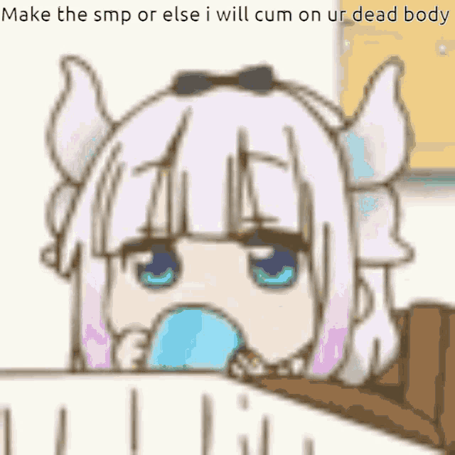 a cartoon of a girl with horns drinking from a cup with the caption make the smp or else