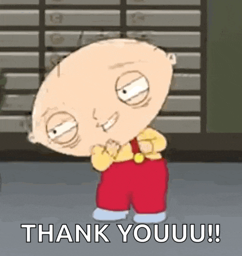 stewie from family guy is standing in front of a wall and saying `` thank you ! ''