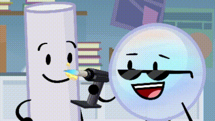 a cartoon character is holding a drill next to a cartoon character with sunglasses .