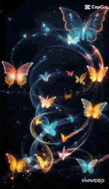 a bunch of butterflies are flying in a swirl with a fireball in the middle