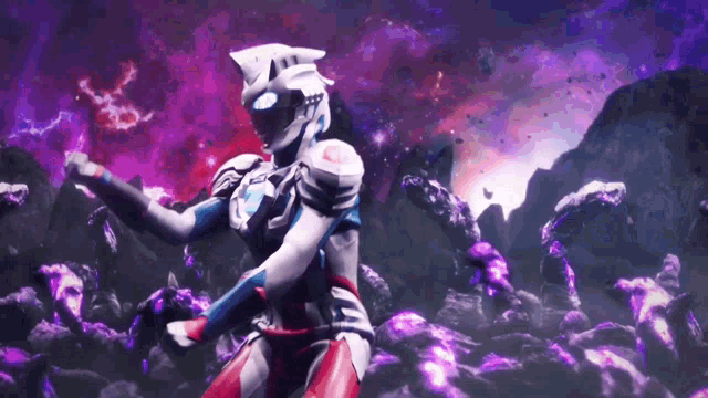 a man in a superhero costume is standing in a purple and red landscape .