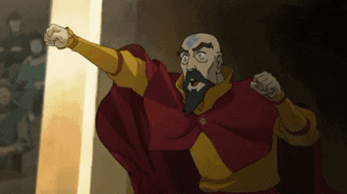 a bald man with a beard is wearing a red cape and a yellow sleeve