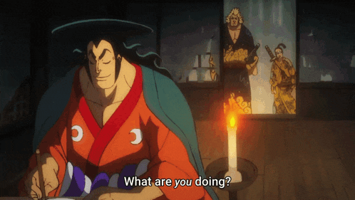 a man in a kimono is sitting in front of a lit candle and asking what are you doing