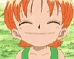 a close up of a cartoon character with orange hair and a green vest smiling .