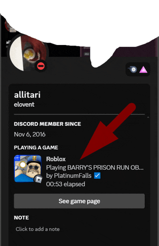 a screenshot of a person 's discord profile with an arrow pointing to a game called roblox