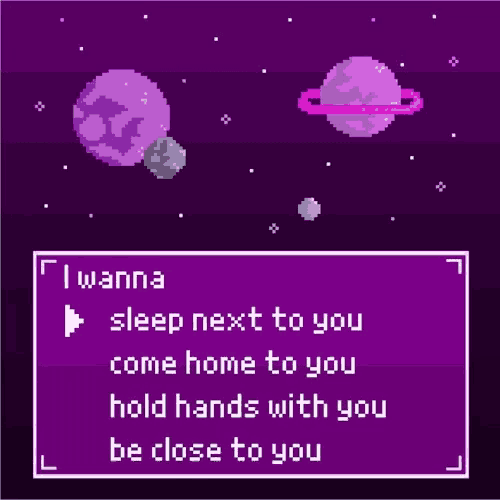 a pixel art of purple planets with the words " i wanna sleep next to you " at the top