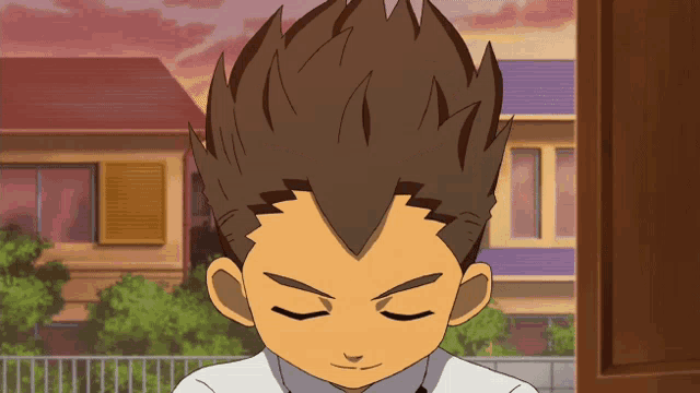 a cartoon drawing of a boy with his eyes closed in front of houses