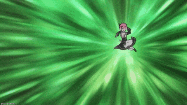 a girl with pink hair is flying through a green lightning bolt .
