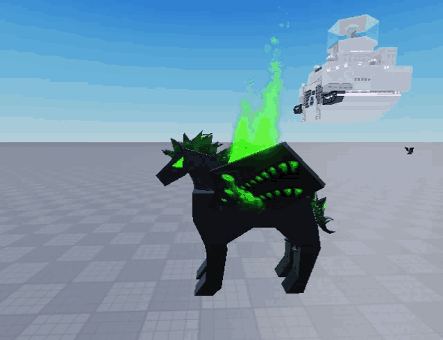 a computer generated image of a horse with green flames on its back