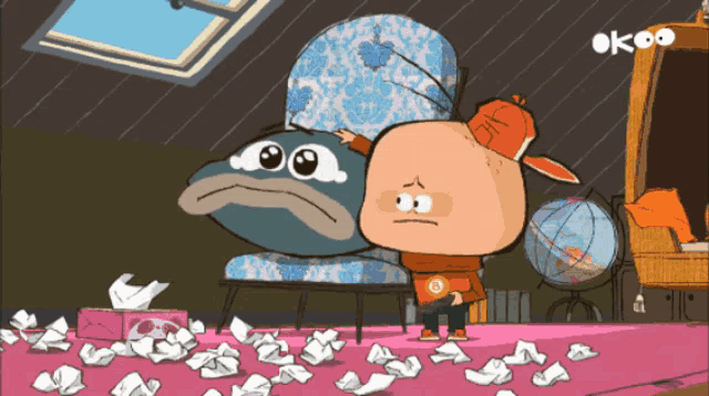 a cartoon of a boy standing next to a chair with a box of tissues in front of him