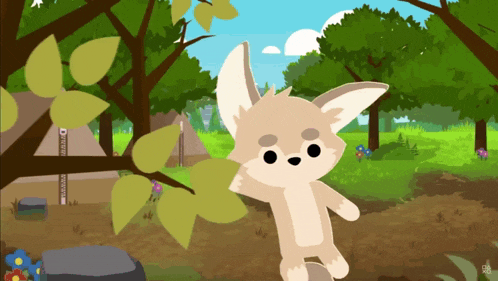 a cartoon drawing of a fox standing in a forest