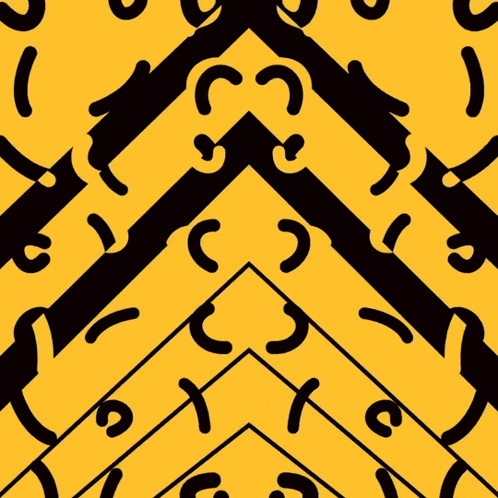 a yellow background with black letters and a red object in the middle