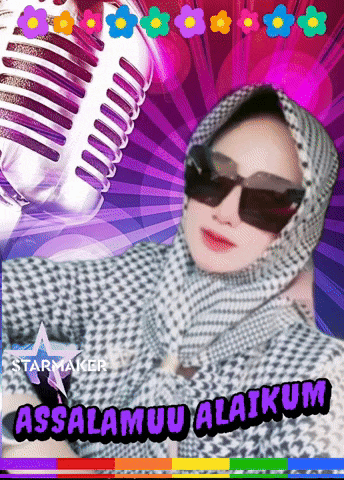 a woman wearing sunglasses and a scarf stands in front of a microphone with the words assalamuu alaikum